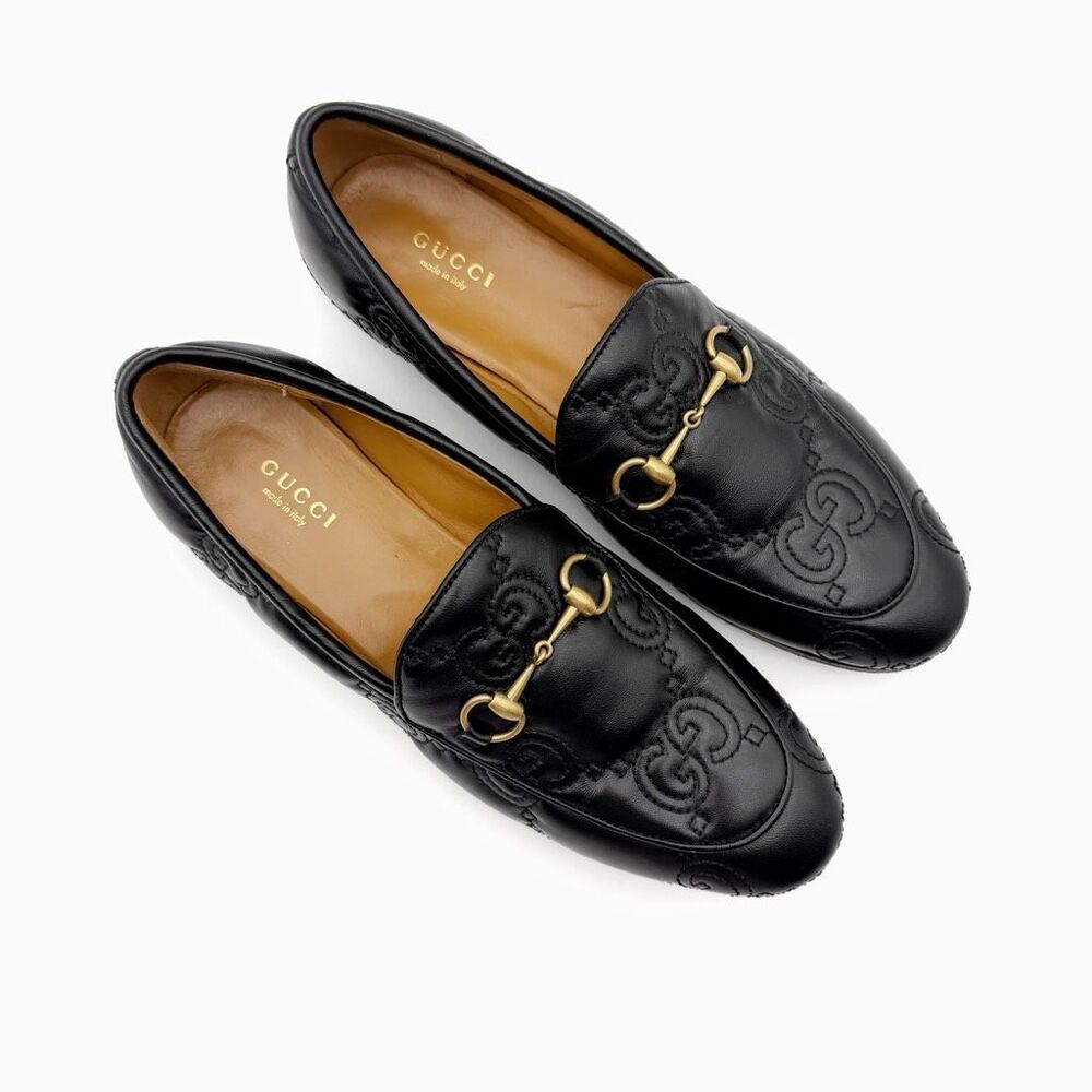 GUCCI Black Embossed Jumbo GG Leather Horsebit Jordaan Loafer Size 38 Flat - Picture 3 of 14